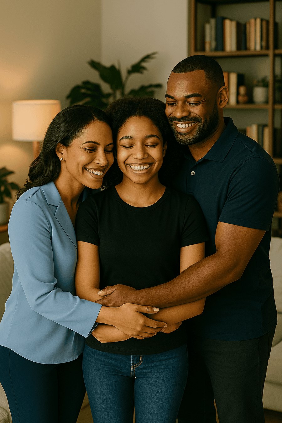 Família abraçada e sorrindo em casa